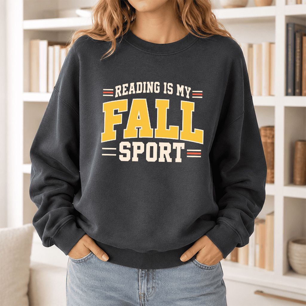 Reading Is My Fall Sport Printed Sweatshirt | Funny Book Lover Gift Dark Heather