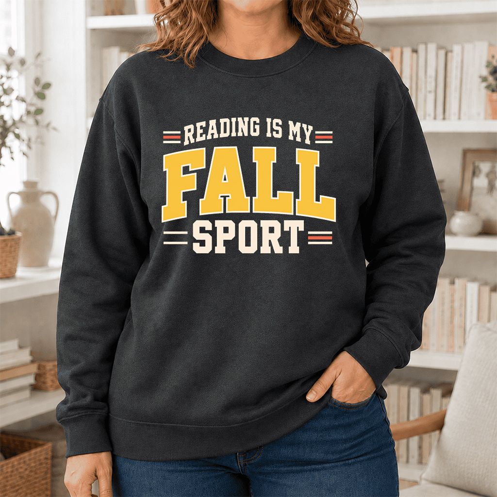 Reading Is My Fall Sport Printed Sweatshirt | Funny Book Lover Gift Dark Heather