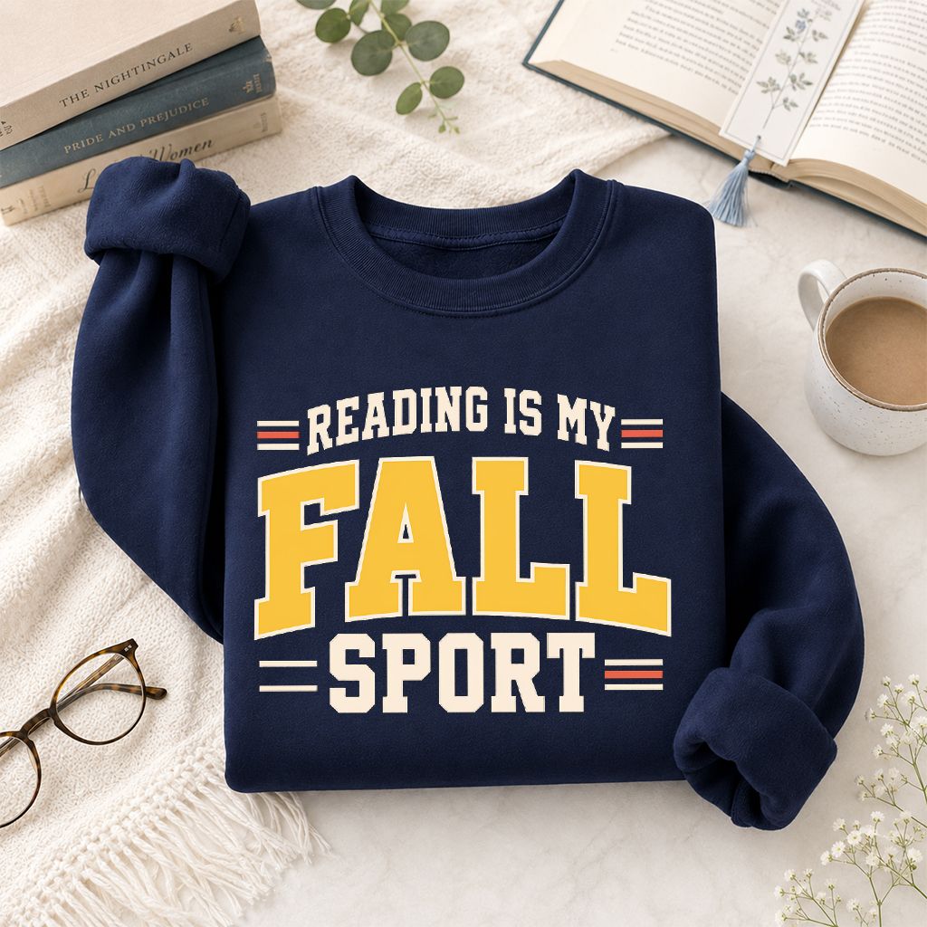 Reading Is My Fall Sport Printed Sweatshirt | Funny Book Lover Gift Navy