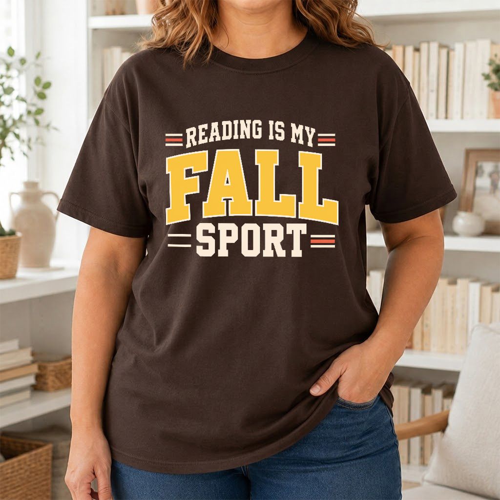 Reading Is My Fall Sport Printed T-Shirt | Funny Book Lover Gift Dark Chocolate