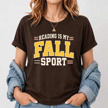 Reading Is My Fall Sport Printed T-Shirt | Funny Book Lover Gift Dark Chocolate
