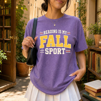 Reading Is My Fall Sport Printed T-Shirt | Funny Book Lover Gift Heather Purple