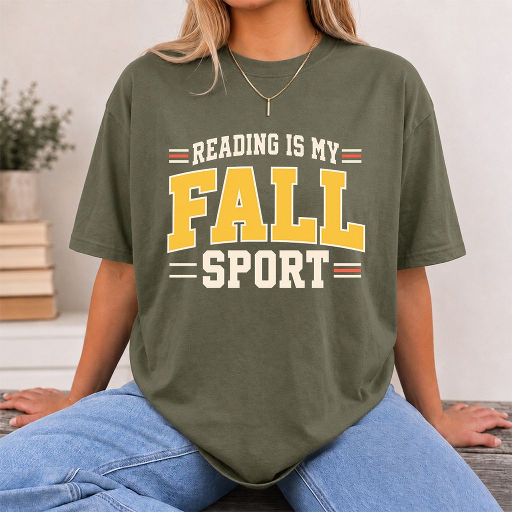 Reading Is My Fall Sport Printed T-Shirt | Funny Book Lover Gift Military Green