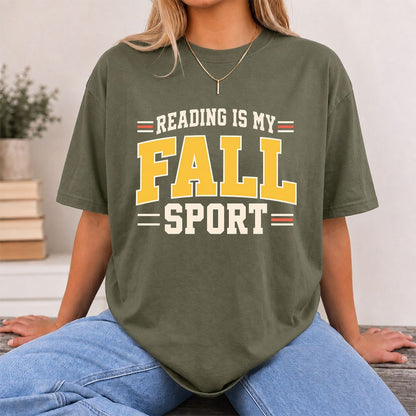Reading Is My Fall Sport Printed T-Shirt | Funny Book Lover Gift Military Green