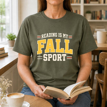 Reading Is My Fall Sport Printed T-Shirt | Funny Book Lover Gift Military Green