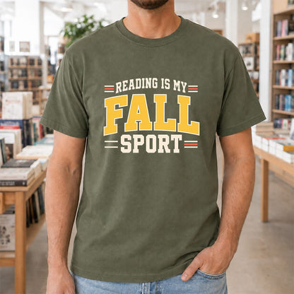 Reading Is My Fall Sport Printed T-Shirt | Funny Book Lover Gift Military Green