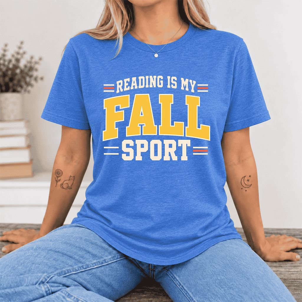 Reading Is My Fall Sport Ultra-Soft Cotton T-Shirt | Funny Book Lover Gift Heather True Royal