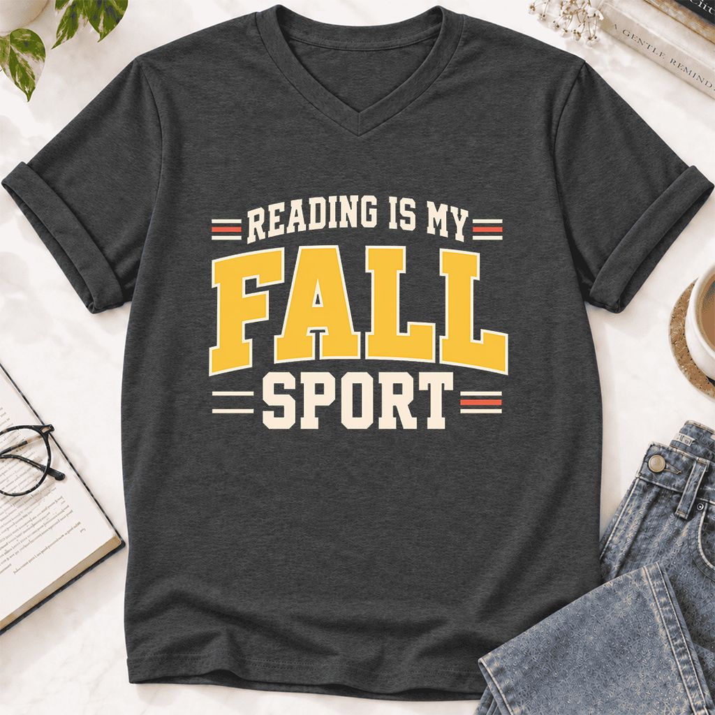 Reading Is My Fall Sport Ultra-Soft V-Neck | Funny Book Lover Gift Dark Grey Heather