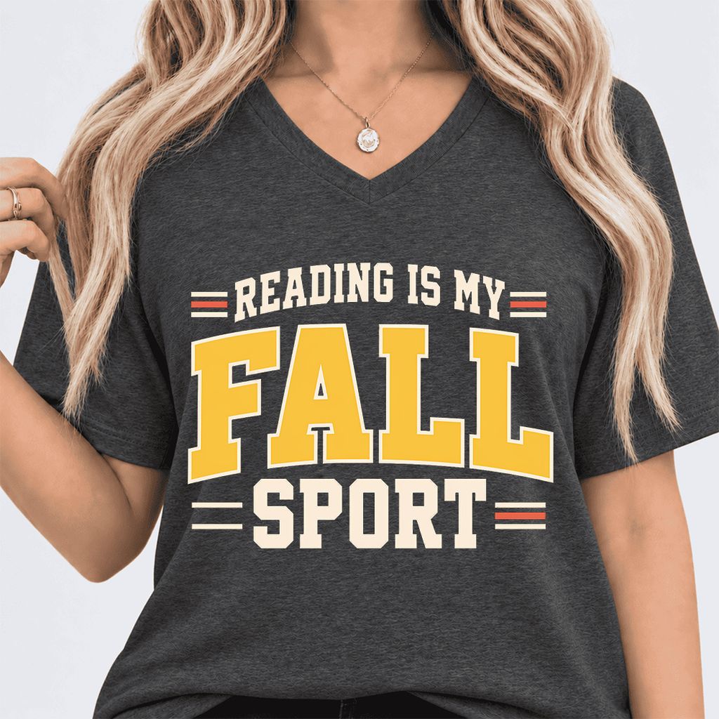 Reading Is My Fall Sport Ultra-Soft V-Neck | Funny Book Lover Gift Dark Grey Heather