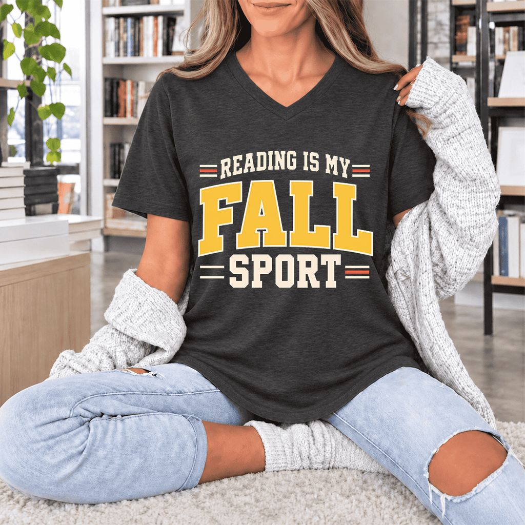 Reading Is My Fall Sport Ultra-Soft V-Neck | Funny Book Lover Gift Dark Grey Heather
