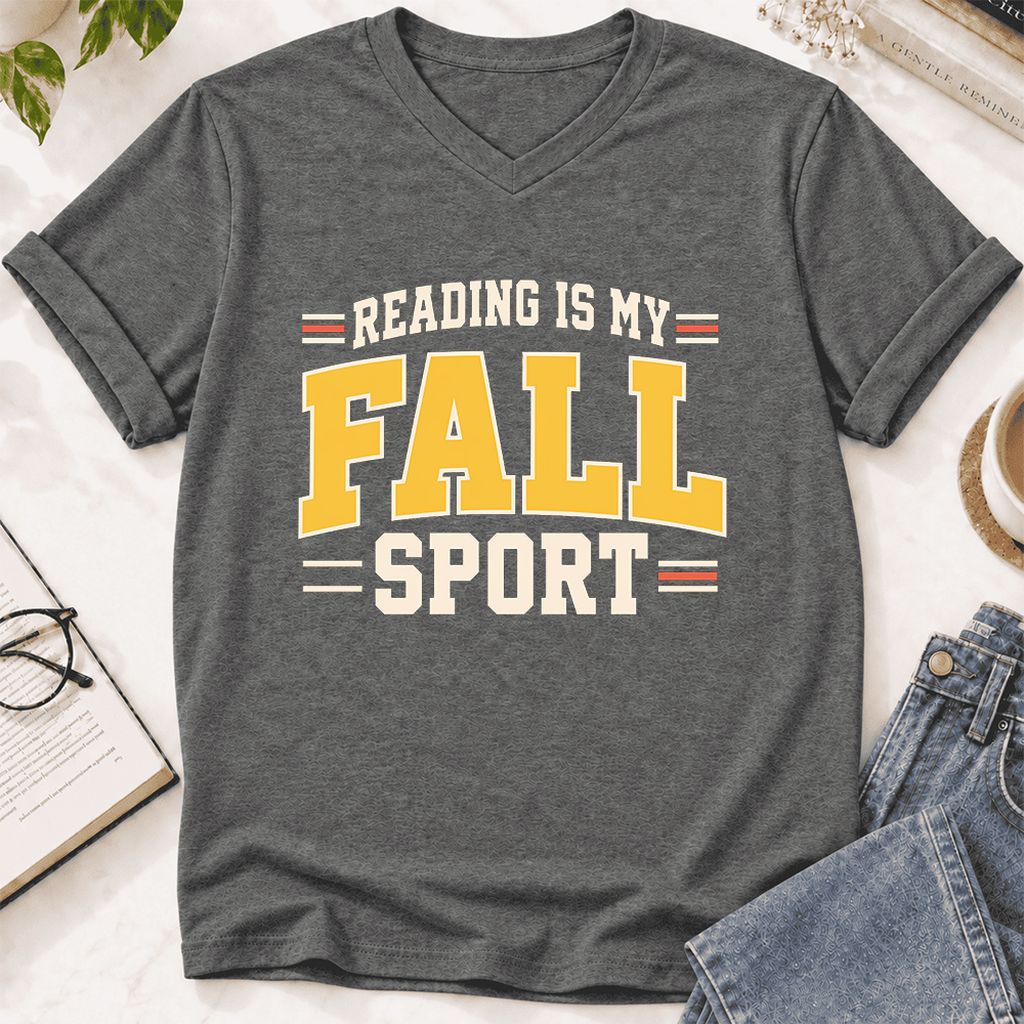 Reading Is My Fall Sport Ultra-Soft V-Neck | Funny Book Lover Gift Deep Heather