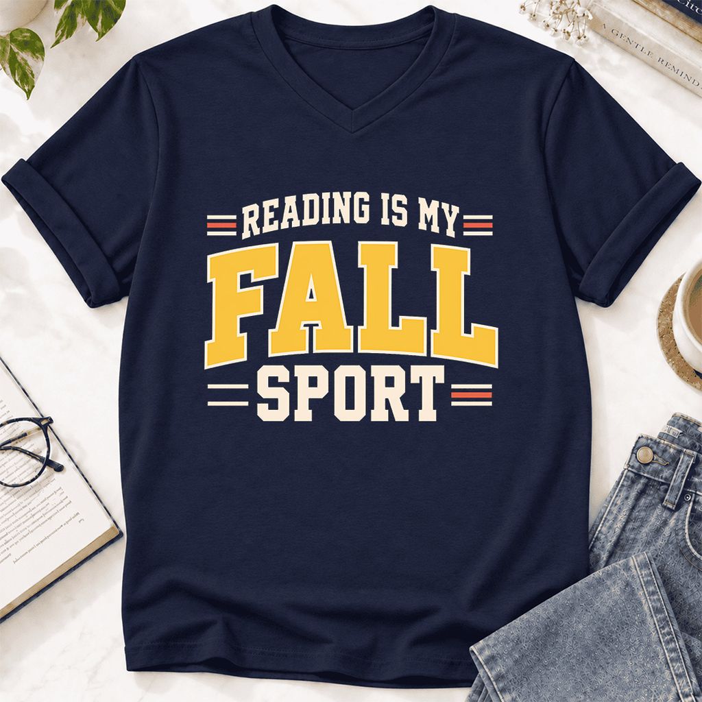 Reading Is My Fall Sport Ultra-Soft V-Neck | Funny Book Lover Gift Navy