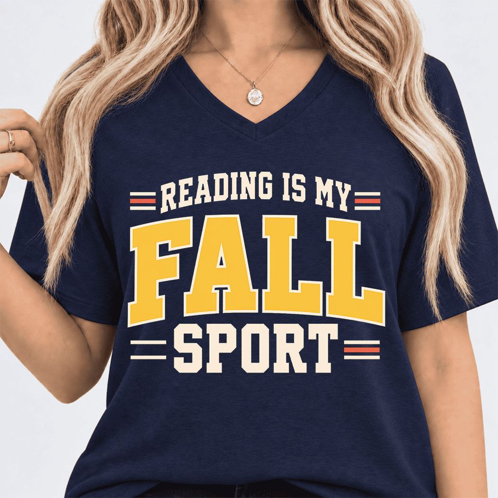 Reading Is My Fall Sport Ultra-Soft V-Neck | Funny Book Lover Gift Navy