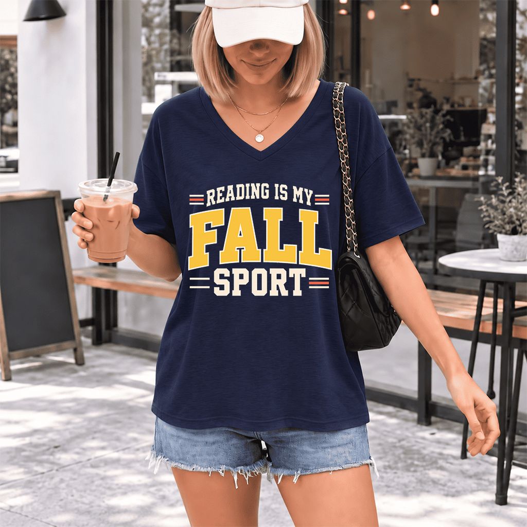 Reading Is My Fall Sport Ultra-Soft V-Neck | Funny Book Lover Gift Navy