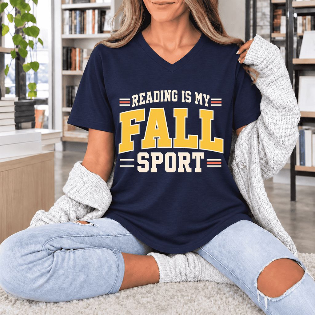 Reading Is My Fall Sport Ultra-Soft V-Neck | Funny Book Lover Gift Navy