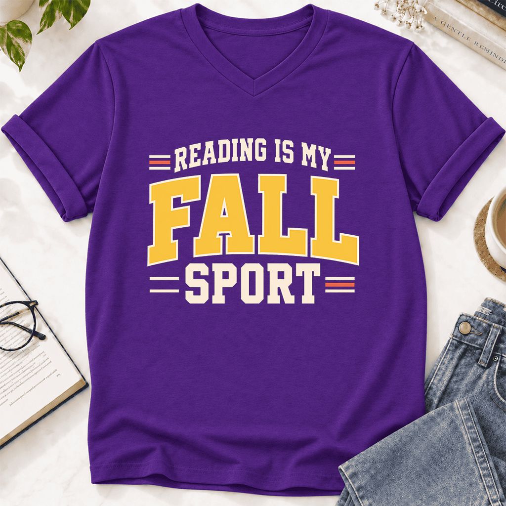 Reading Is My Fall Sport Ultra-Soft V-Neck | Funny Book Lover Gift Team Purple