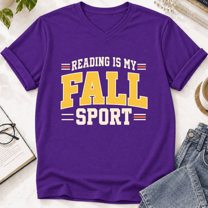 Reading Is My Fall Sport Ultra-Soft V-Neck | Funny Book Lover Gift Team Purple
