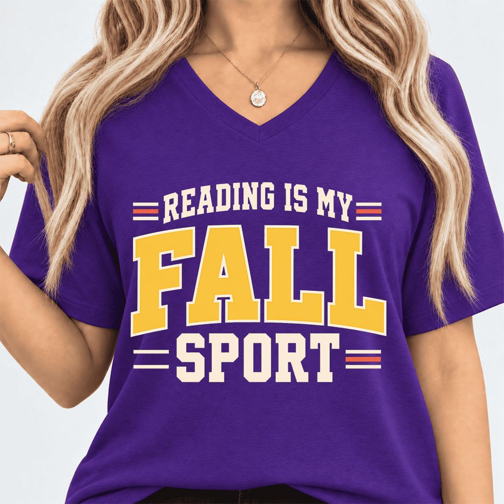 Reading Is My Fall Sport Ultra-Soft V-Neck | Funny Book Lover Gift Team Purple
