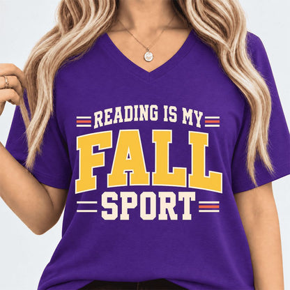 Reading Is My Fall Sport Ultra-Soft V-Neck | Funny Book Lover Gift Team Purple