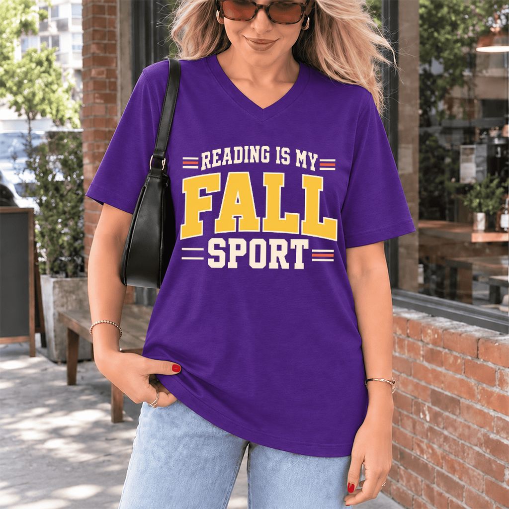 Reading Is My Fall Sport Ultra-Soft V-Neck | Funny Book Lover Gift Team Purple