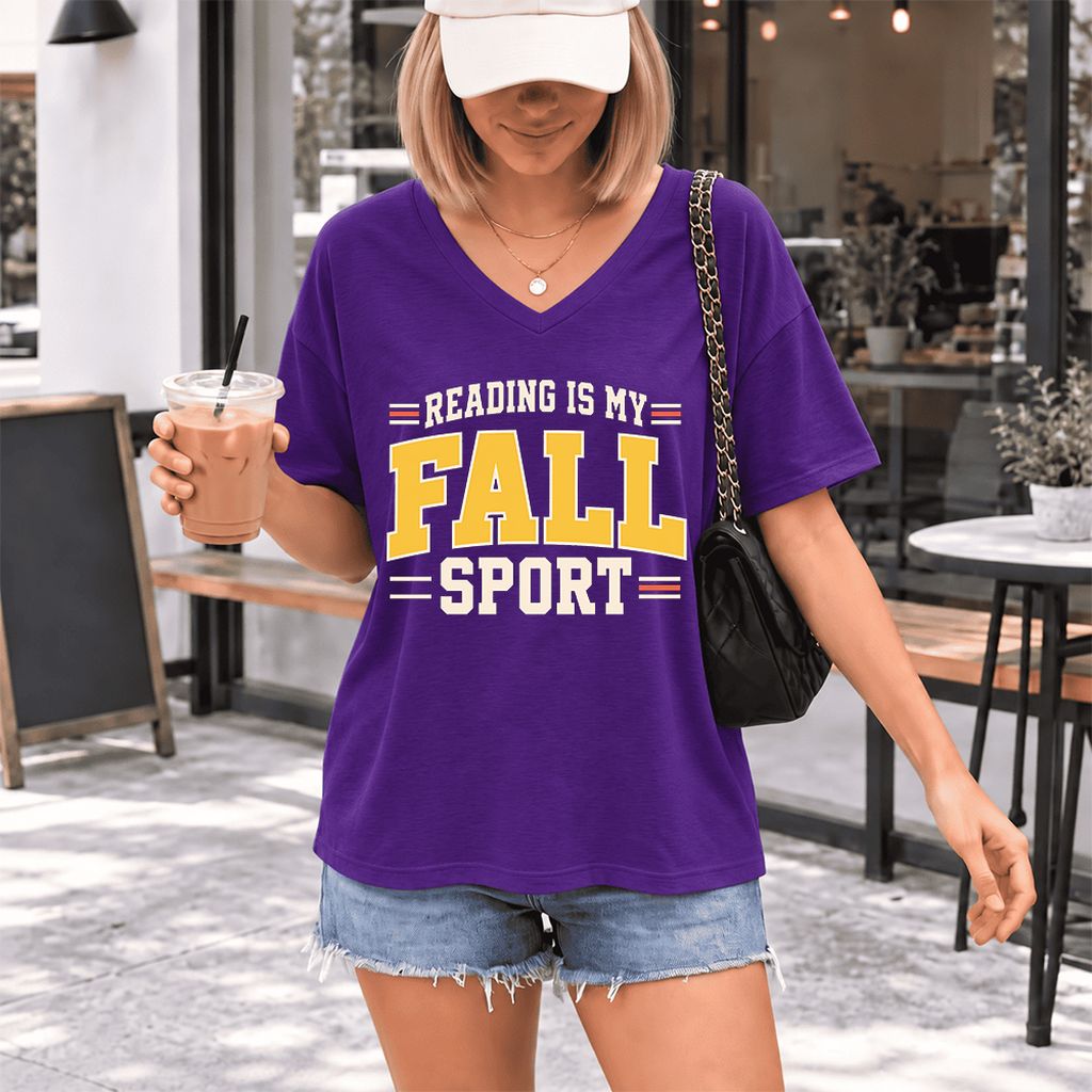 Reading Is My Fall Sport Ultra-Soft V-Neck | Funny Book Lover Gift Team Purple