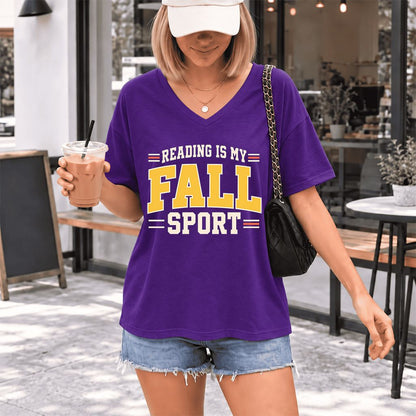 Reading Is My Fall Sport Ultra-Soft V-Neck | Funny Book Lover Gift Team Purple