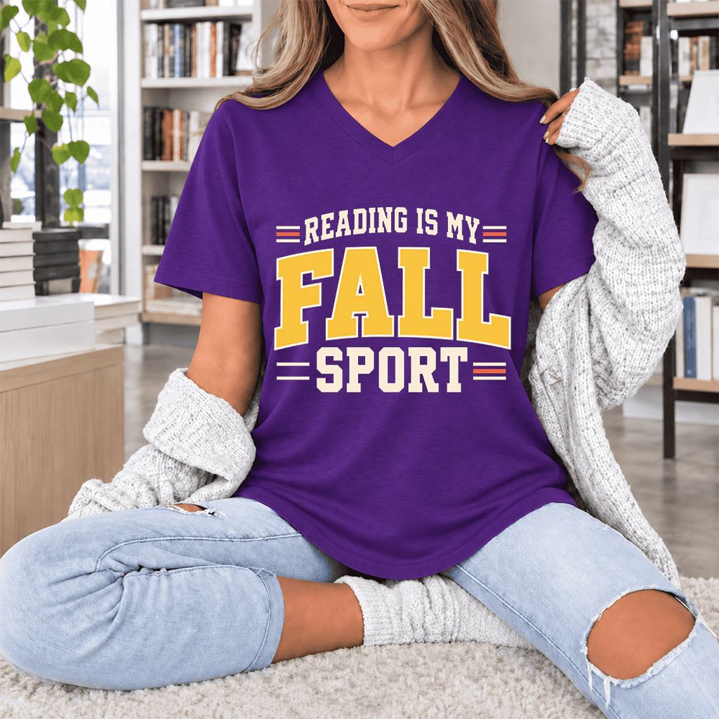 Reading Is My Fall Sport Ultra-Soft V-Neck | Funny Book Lover Gift Team Purple