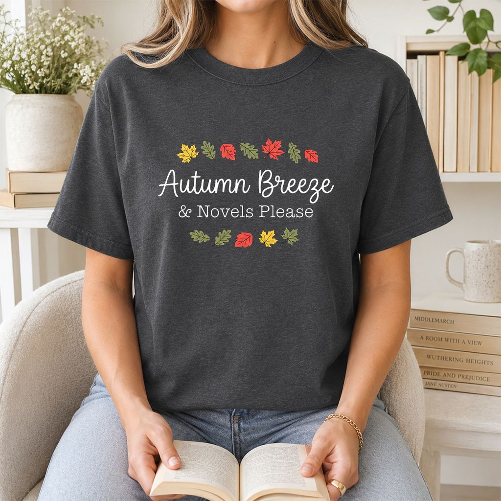 Autumn Breeze & Novels Please Printed T-Shirt | Cozy Book Lover Gift Dark Heather