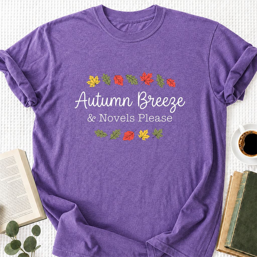 Autumn Breeze & Novels Please Printed T-Shirt | Cozy Book Lover Gift Heather Purple