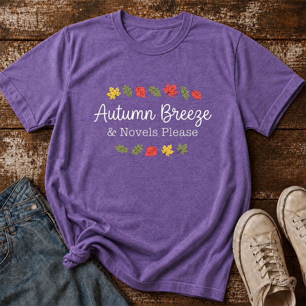 Autumn Breeze & Novels Please Printed T-Shirt | Cozy Book Lover Gift Heather Purple