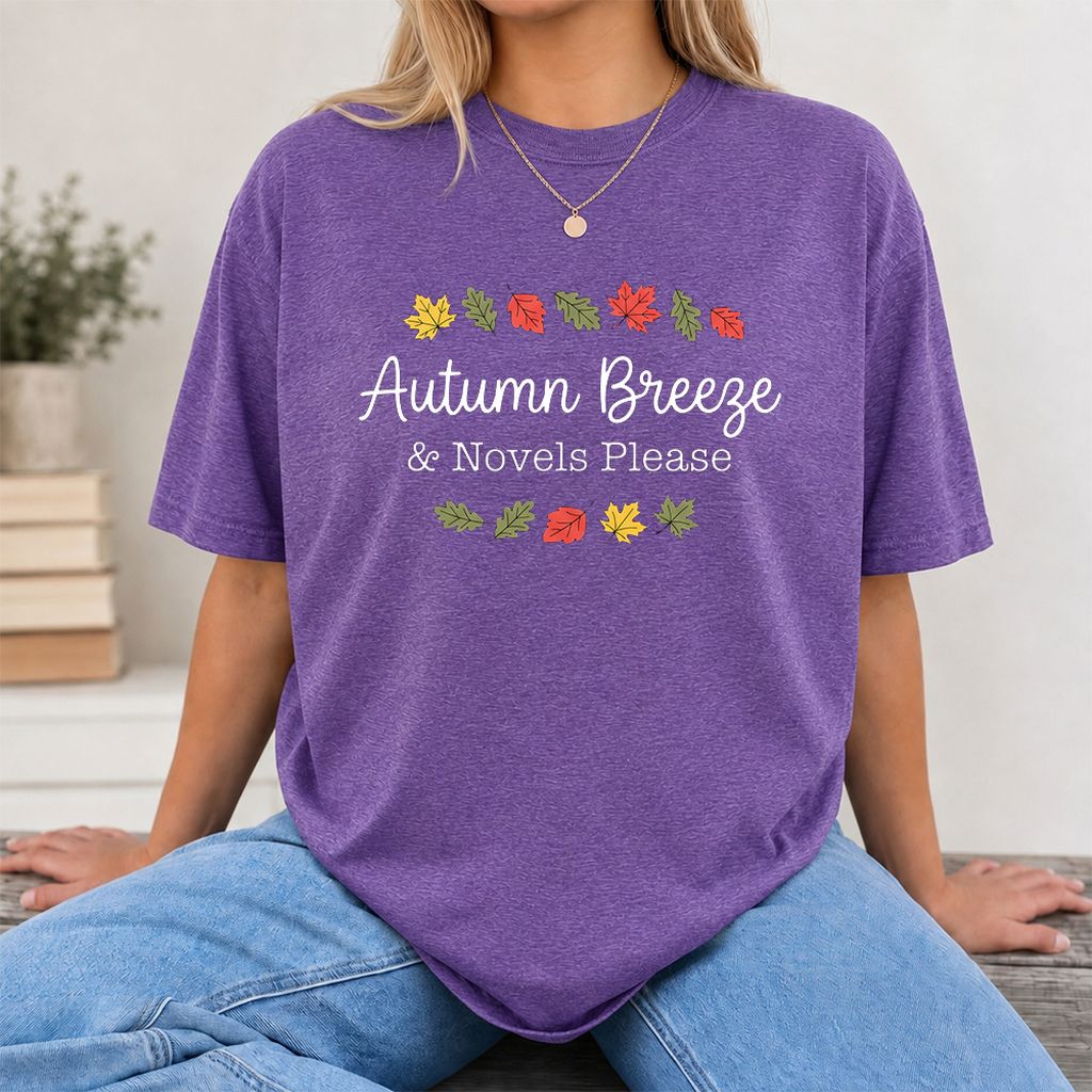 Autumn Breeze & Novels Please Printed T-Shirt | Cozy Book Lover Gift Heather Purple