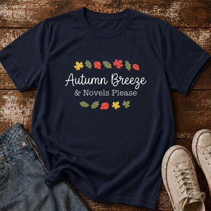 Autumn Breeze & Novels Please Printed T-Shirt | Cozy Book Lover Gift Navy