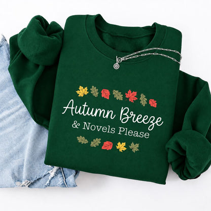 Autumn Breeze & Novels Please Softstyle Sweatshirt | Cozy Book Lover Gift Forest Green