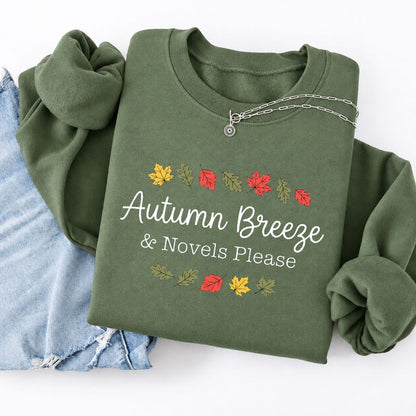 Autumn Breeze & Novels Please Softstyle Sweatshirt | Cozy Book Lover Gift Military Green