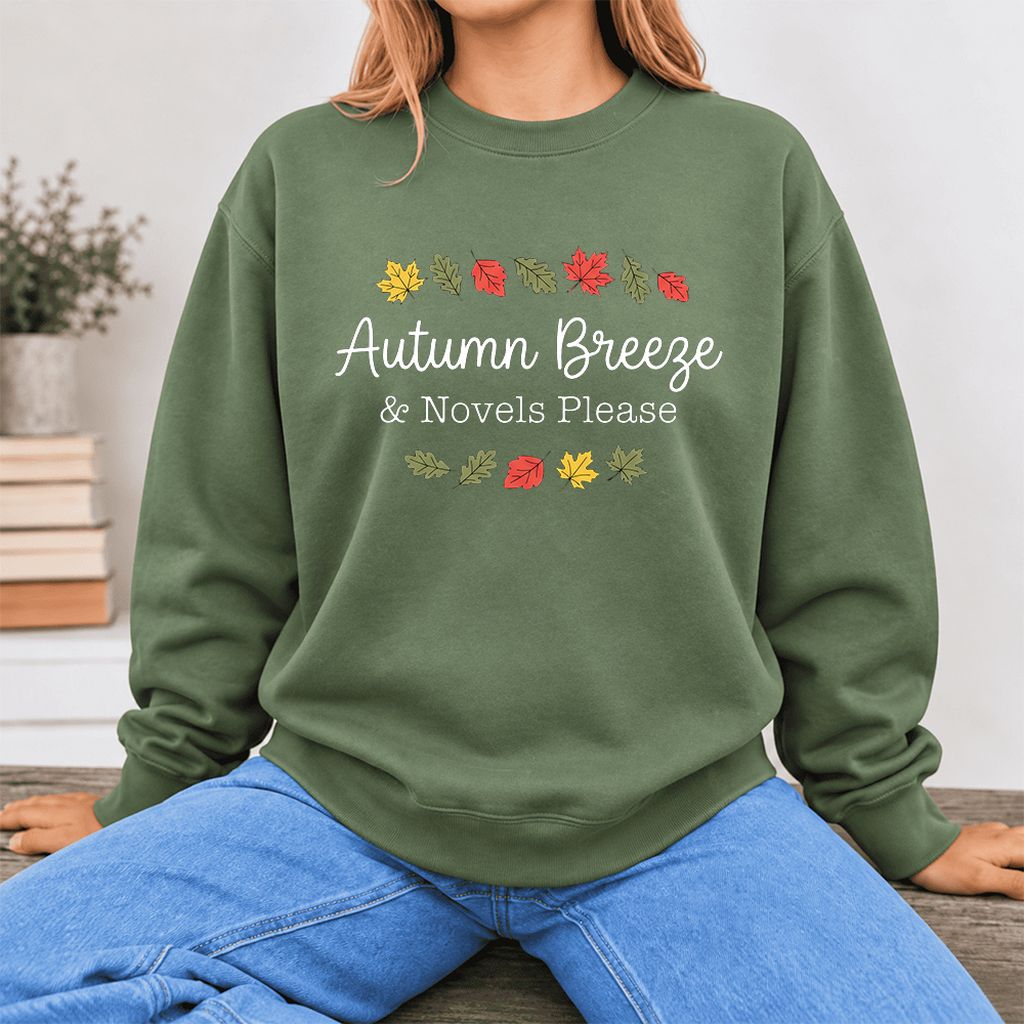 Autumn Breeze & Novels Please Softstyle Sweatshirt | Cozy Book Lover Gift Military Green