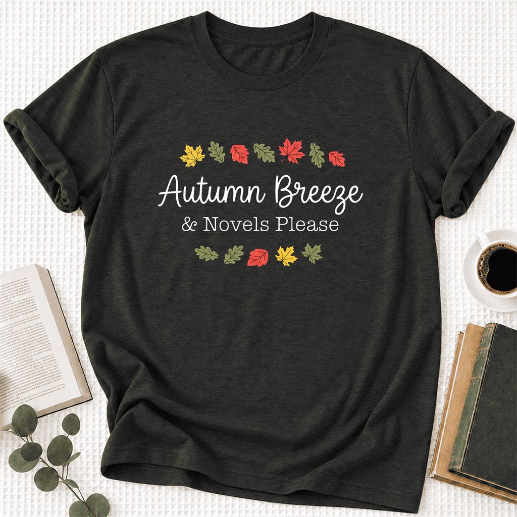 Autumn Breeze & Novels Please Ultra-Soft Cotton T-Shirt | Cozy Book Lover Gift Black Heather