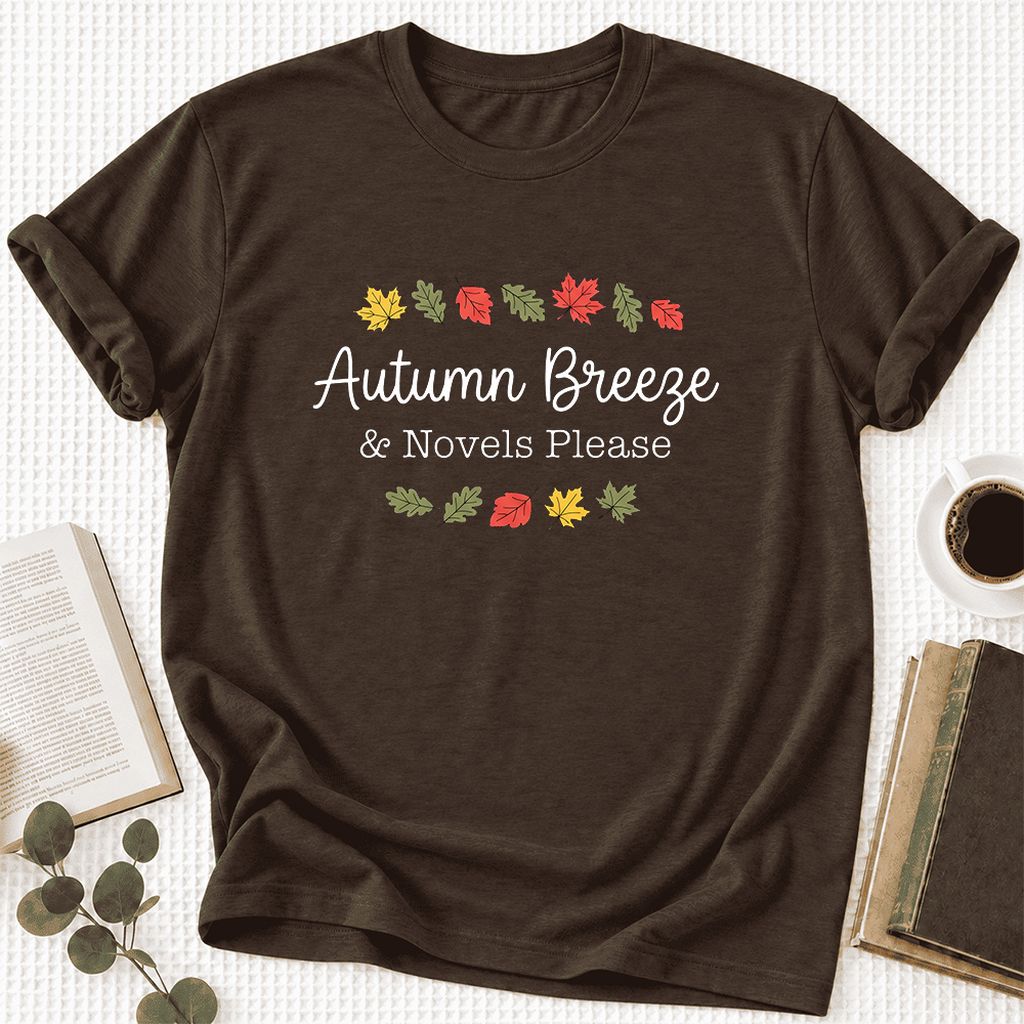 Autumn Breeze & Novels Please Ultra-Soft Cotton T-Shirt | Cozy Book Lover Gift Brown