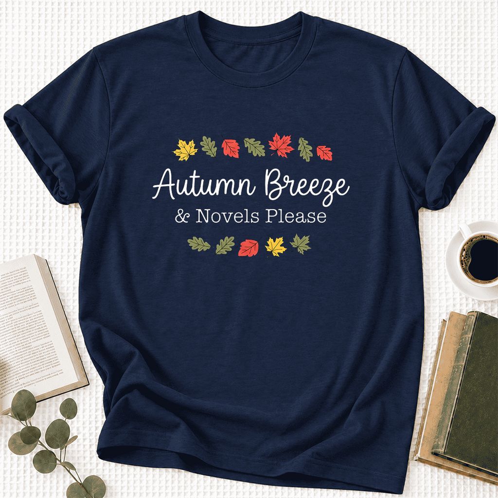 Autumn Breeze & Novels Please Ultra-Soft Cotton T-Shirt | Cozy Book Lover Gift Navy