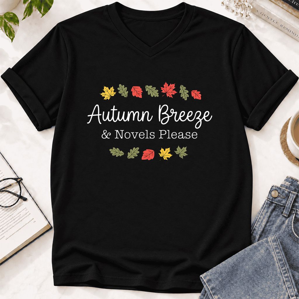 Autumn Breeze & Novels Please Ultra-Soft V-Neck | Cozy Book Lover Gift Black