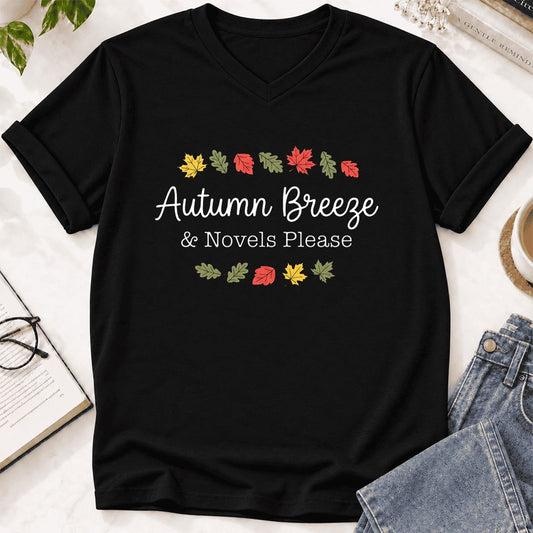 Autumn Breeze & Novels Please Ultra-Soft V-Neck | Cozy Book Lover Gift Black
