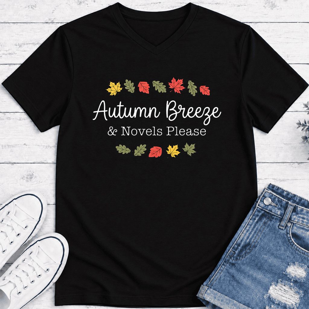 Autumn Breeze & Novels Please Ultra-Soft V-Neck | Cozy Book Lover Gift Black