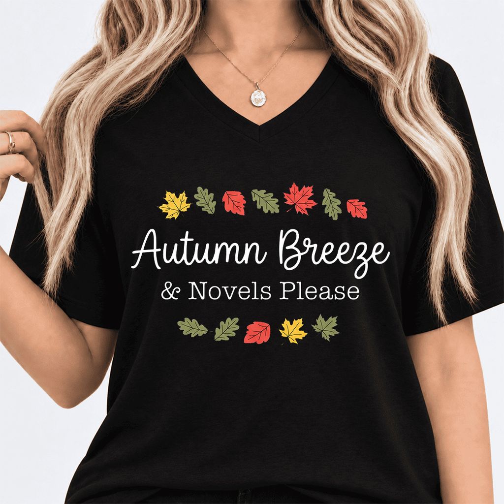 Autumn Breeze & Novels Please Ultra-Soft V-Neck | Cozy Book Lover Gift Black