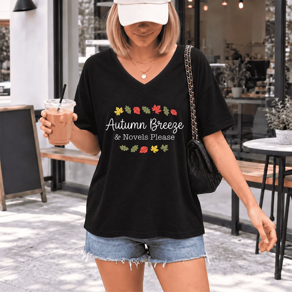 Autumn Breeze & Novels Please Ultra-Soft V-Neck | Cozy Book Lover Gift Black