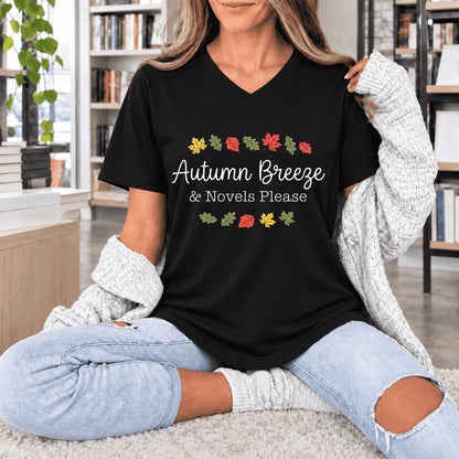 Autumn Breeze & Novels Please Ultra-Soft V-Neck | Cozy Book Lover Gift Black