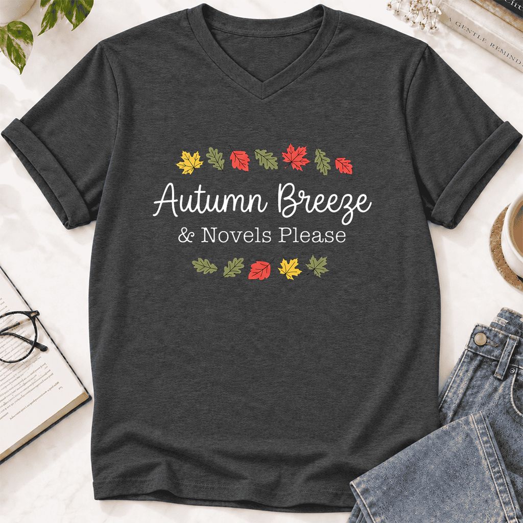 Autumn Breeze & Novels Please Ultra-Soft V-Neck | Cozy Book Lover Gift Dark Grey Heather