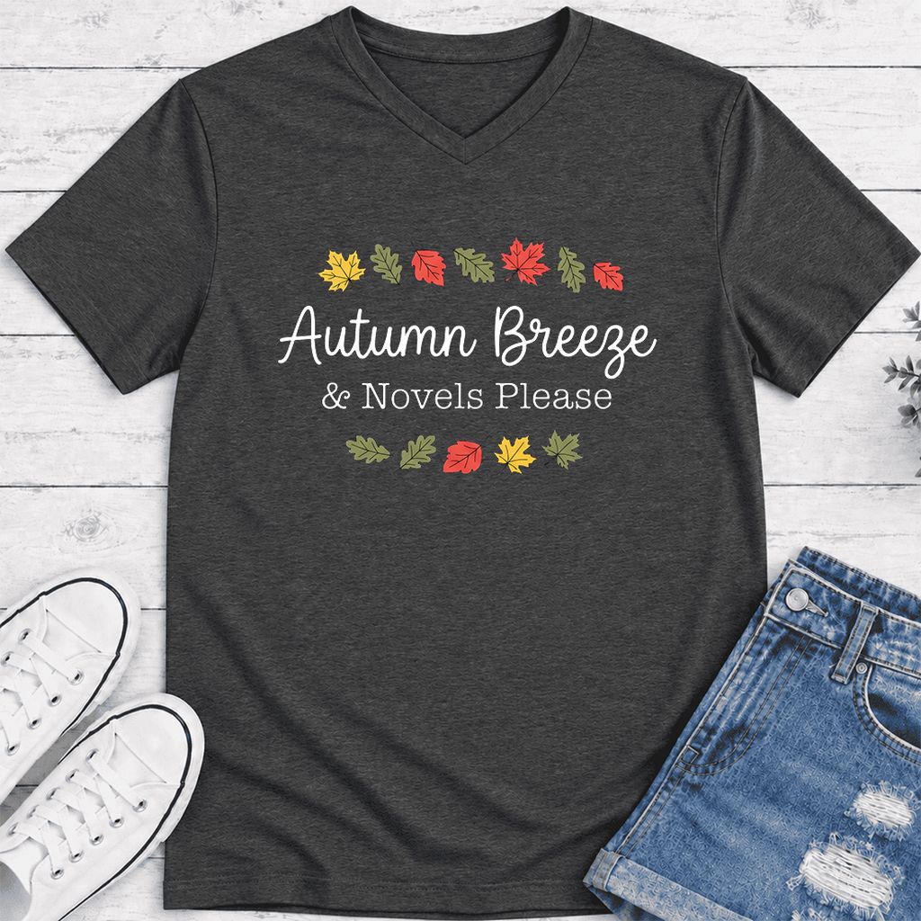 Autumn Breeze & Novels Please Ultra-Soft V-Neck | Cozy Book Lover Gift Dark Grey Heather