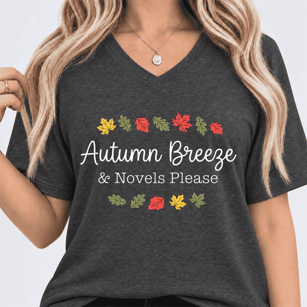 Autumn Breeze & Novels Please Ultra-Soft V-Neck | Cozy Book Lover Gift Dark Grey Heather
