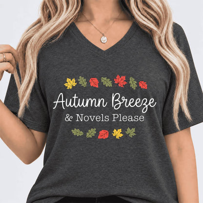 Autumn Breeze & Novels Please Ultra-Soft V-Neck | Cozy Book Lover Gift Dark Grey Heather