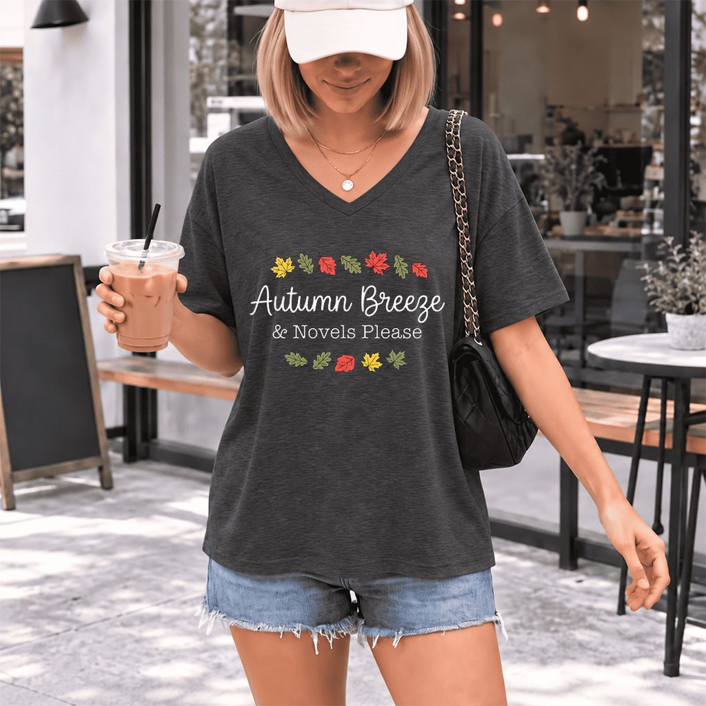 Autumn Breeze & Novels Please Ultra-Soft V-Neck | Cozy Book Lover Gift Dark Grey Heather
