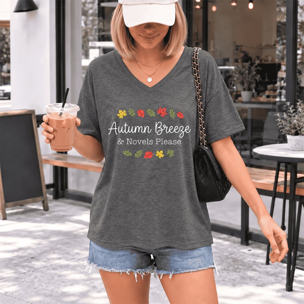 Autumn Breeze & Novels Please Ultra-Soft V-Neck | Cozy Book Lover Gift Deep Heather